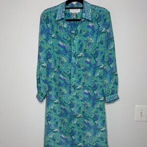 Schrader Petite vintage whimsical long sleeve Vibrant Green/ Blue Dress size 14